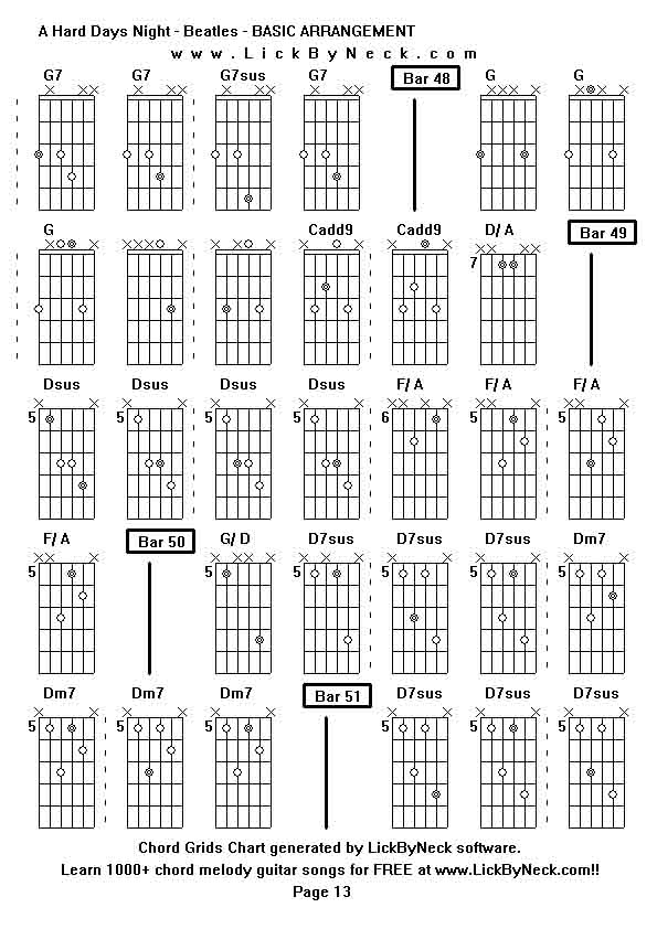 Chord Grids Chart of chord melody fingerstyle guitar song-A Hard Days Night - Beatles - BASIC ARRANGEMENT,generated by LickByNeck software.